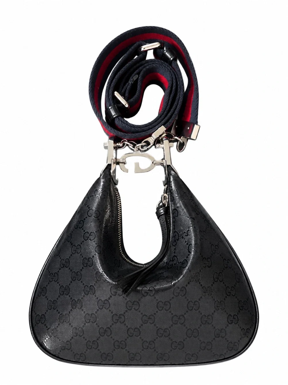 Gucci Black GG Monogram Crescent Shoulder Bag with Red-Blue Web Strap